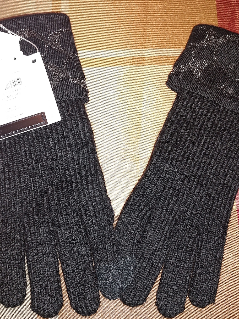 Black Ribbed Knit Gloves with Metallic Trim
